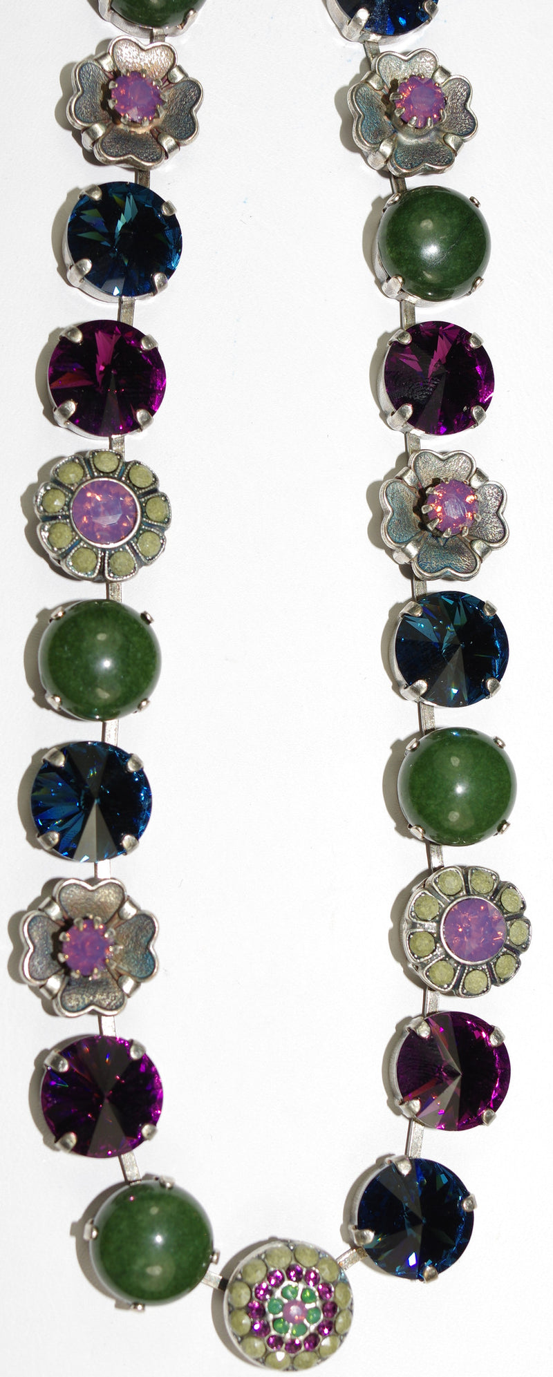 MARIANA NECKLACE PATIENCE: purple, green, blue, grey stones in silver setting, 18" adjustable chain
