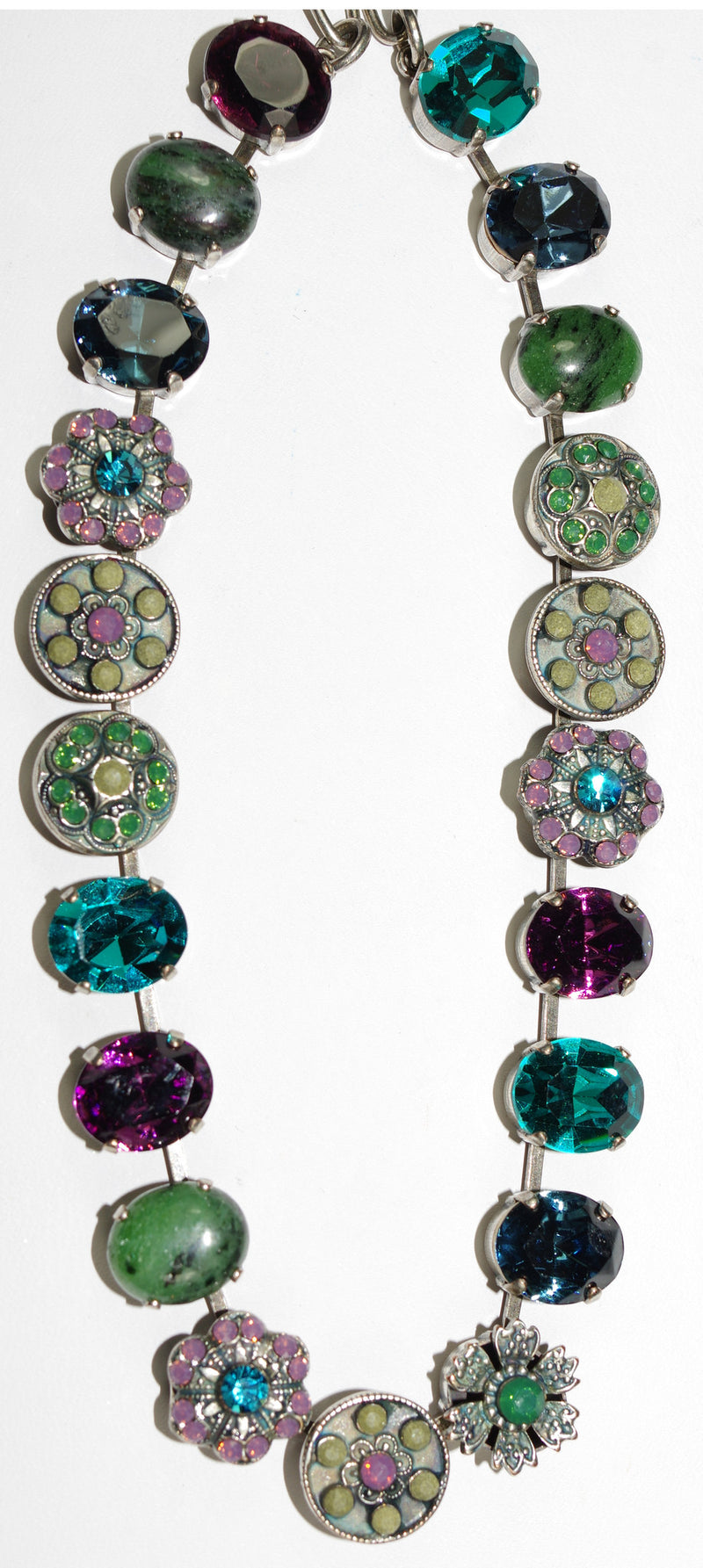 MARIANA NECKLACE PATIENCE: teal, purple, grey, green stones in silver setting, 18" adjustable chain