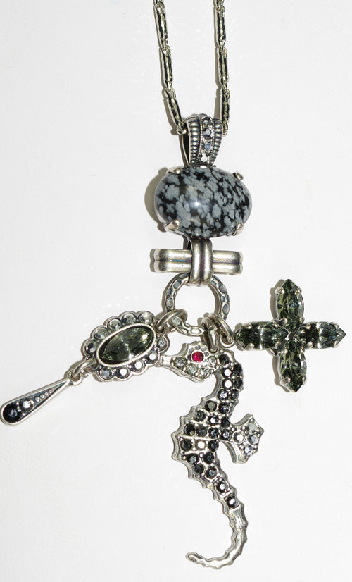 MARIANA PENDANT BLACK DIAMOND: 3" charm with taupe, grey/black stones, silver setting, 26" adjustable chain