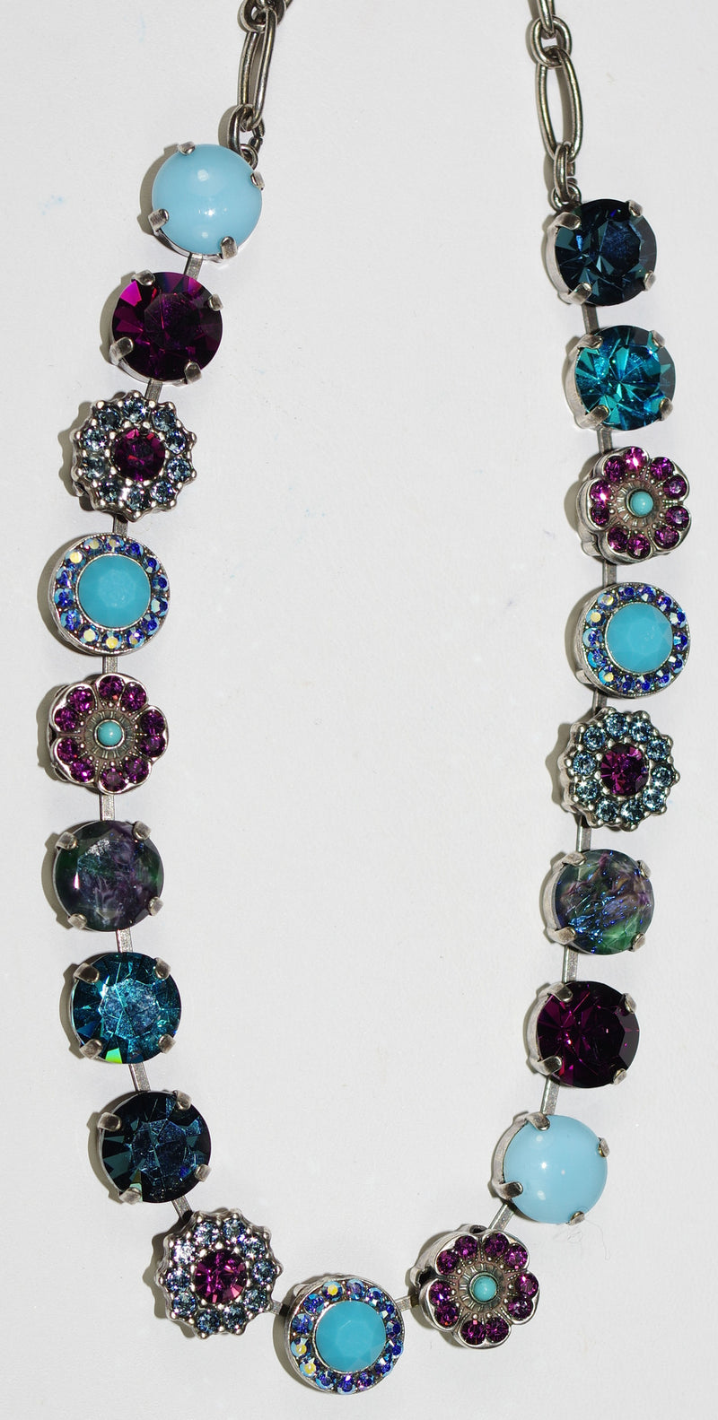 MARIANA NECKLACE INSPIRE SOPHIA: blue, a/b, purple stones in silver setting, 17" adjustable chain