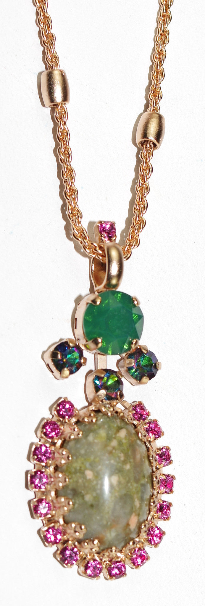 MARIANA PENDANT LUCK: green, pink stones in rose gold setting, 20" adjustable chain