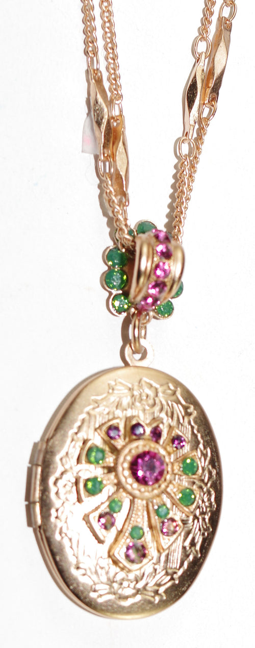 MARIANA PENDANT LOCKET LUCK: pink, green, purple stones in 1" locket in rose gold setting, 19" adjustable chain