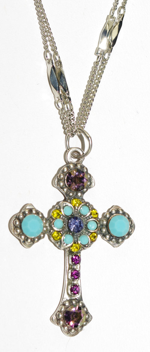 MARIANA CROSS PENDANT HAPPINESS: turq, yellow, purple stones in silver setting, 18" double chain