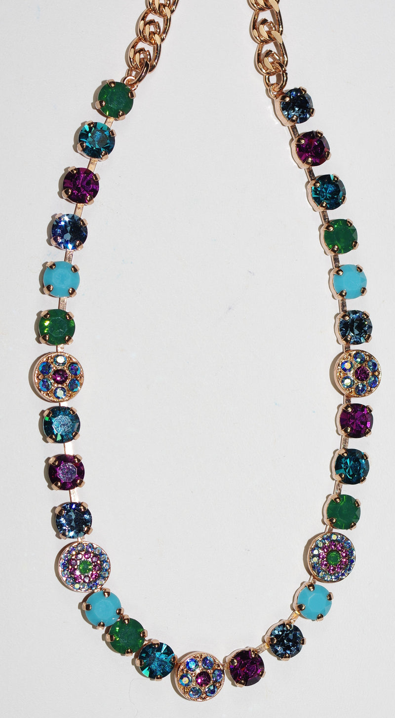 MARIANA NECKLACE INSPIRE: blue, purple, green stones in rose gold setting, 17" adjustable chain