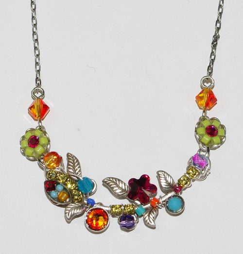 FIREFLY NECKLACE PETITE SCALLOP FLOWER MULTI: multi color stones in 2" setting, silver 17" adjustable chain