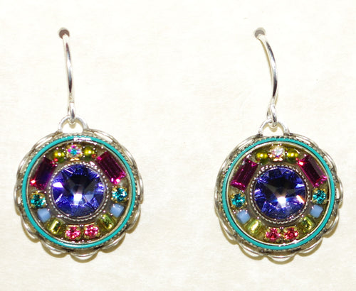 FIREFLY EARRINGS VINTAGE ROUND MC:  blue, fucshia, green stones in 3/4" silver setting, wire backs