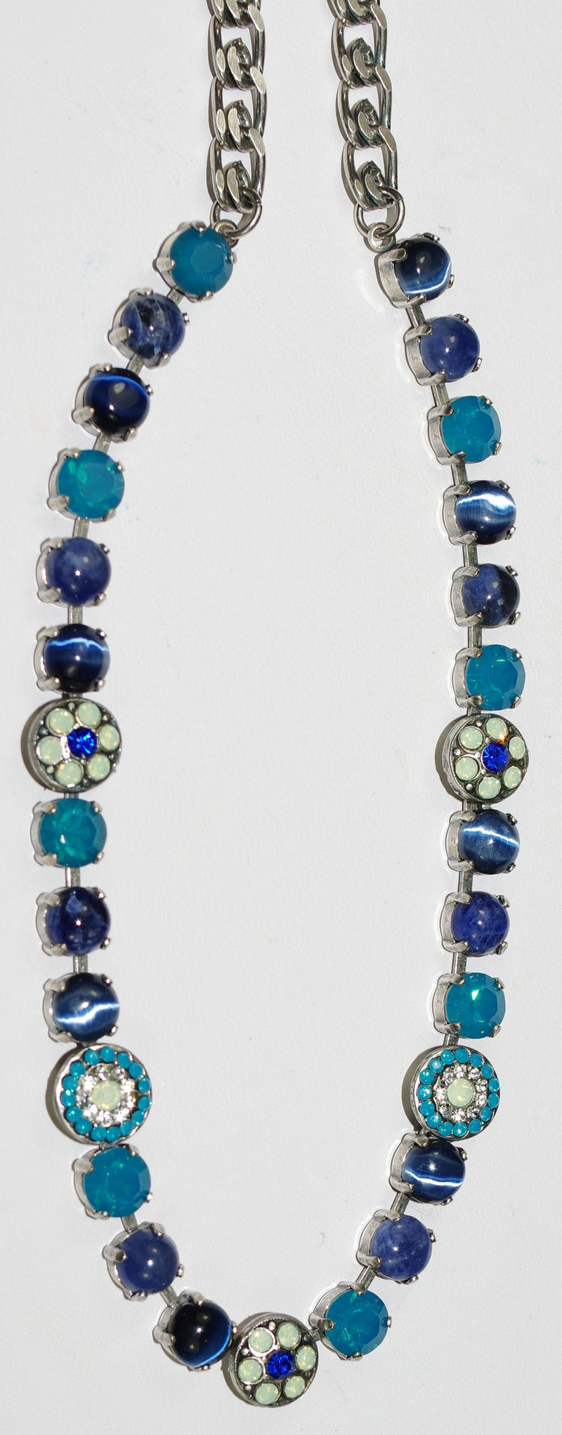 MARIANA NECKLACE ZHANG: pacific opal, blue, navy, clear stones in silver setting, 17" adjustable chain
