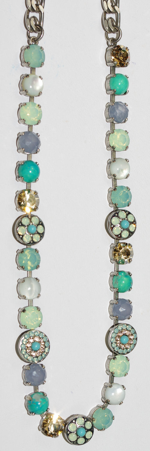 MARIANA NECKLACE BOSPHEROUS: pacific opal, amber, white, turq stones in silver setting, 17" adjustable chain