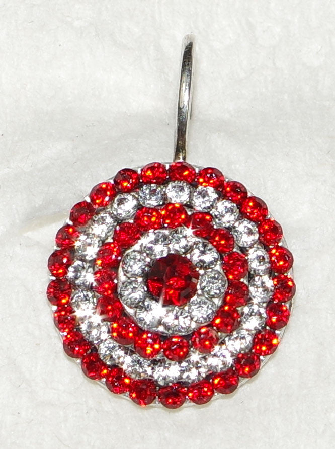 MARIANA EARRINGS RED STARBURST: red, clear stones in 5/8" silver rhodium setting, lever backs