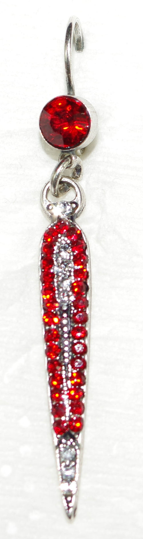 MARIANA EARRINGS SIAM: clear, red stones in 1.75" silver rhodium setting, lever backs