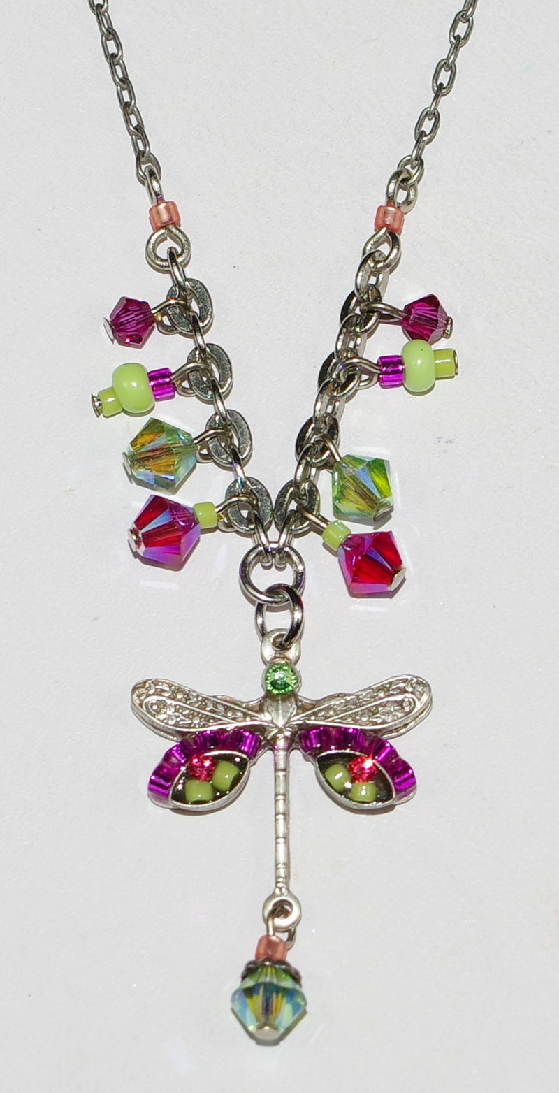 FIREFLY NECKLACE SMALL DRAGONFLY HP:  pink, green stones in 1" pendant,  silver 18" adjustable chain