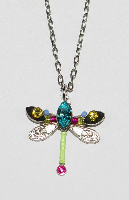 FIREFLY NECKLACE PETITE DRAGONFLY MC:  pink, blue, green stones in 3/4" pendant, silver 18" adjustable chain