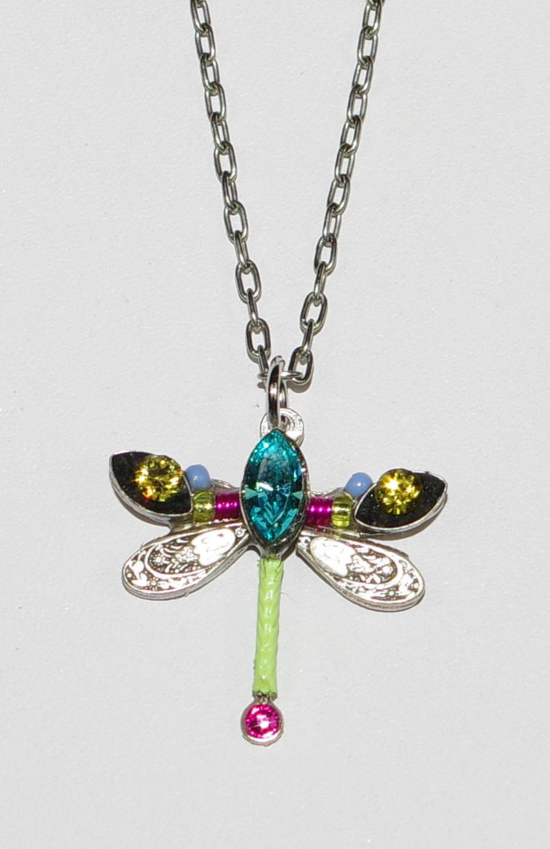 FIREFLY NECKLACE PETITE DRAGONFLY MC:  pink, blue, green stones in 3/4" pendant, silver 18" adjustable chain