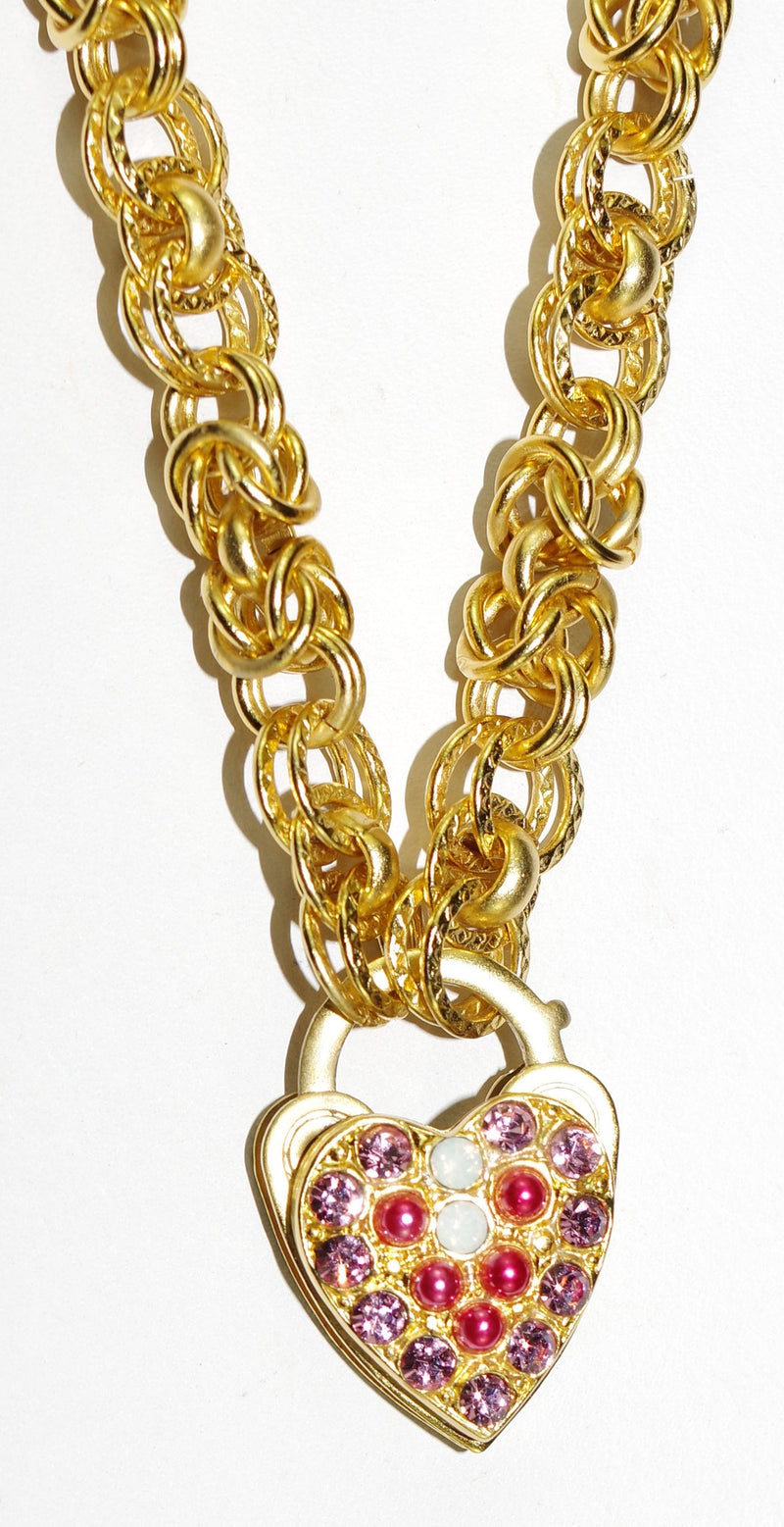 MARIANA NECKLACE PINK MUSK: pink, white stones in yellow gold setting, 1" charm, 20" adjustable chain