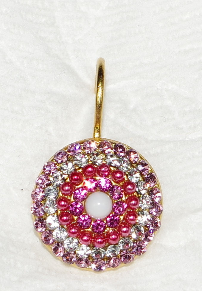 MARIANA EARRINGS PINK MUSK STARBURST: pink, white stones in 5/8" yellow gold setting, lever backs