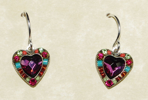 FIREFLY EARRINGS ROSE HEART  MC: multi color stones in silver 3/8" setting, wire backs