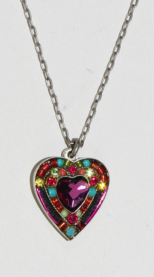 FIREFLY NECKLACE ROSE HEART MC: multi color stones in silver, 3/4" heart, 18" adjustable chain