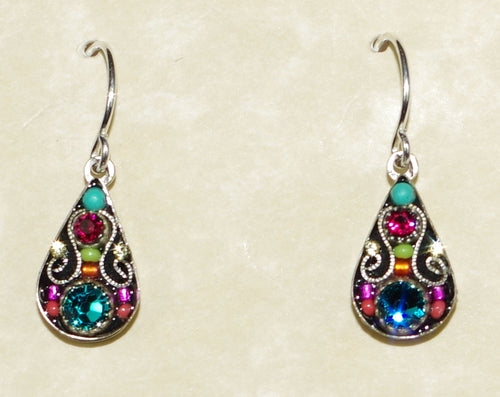 FIREFLY EARRINGS SMALL DROP MC: multi color stones in 1/2" silver setting, wire backs