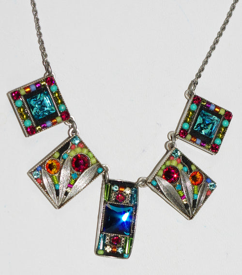 FIREFLY NECKLACE LUXE 5 PIECE MC: multi color stones, 3/4" long center stone in silver setting, 15" adjustable chain