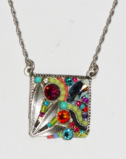 FIREFLY NECKLACE LUXE SQUARE LEAF MC: multi color stones in 3/4" silver setting, 17" adjustable chain