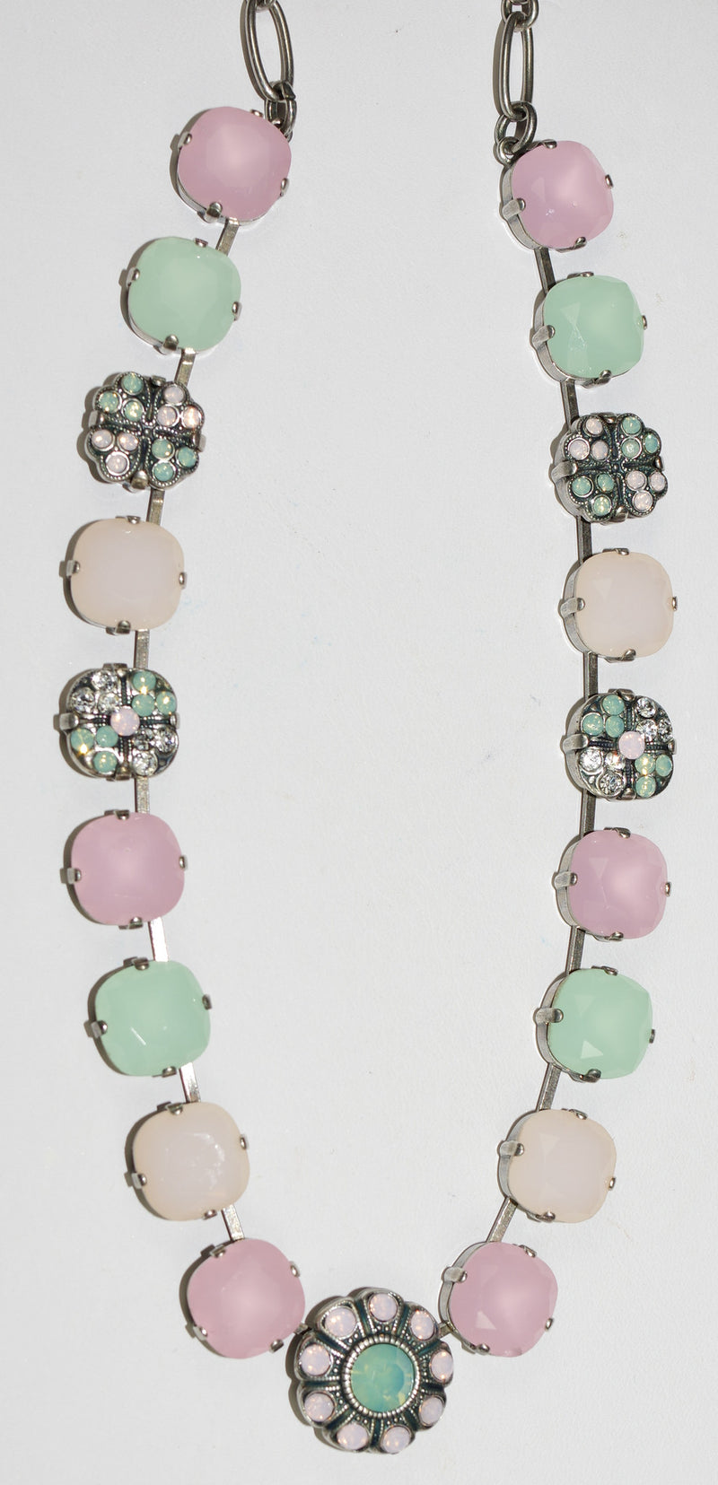 MARIANA NECKLACE PINA COLADA: pacific opal, pink stones in silver setting, center stone = .75", 18" adjustable chain