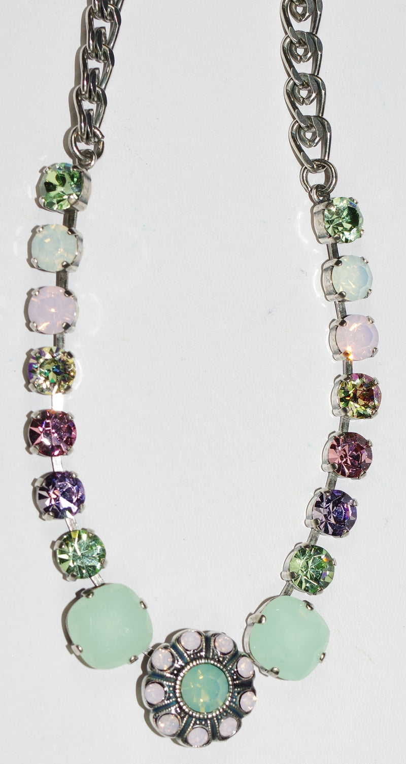 MARIANA NECKLACE PINA COLADA: white, pacific opal, green, pink stones in silver setting, center stone = .75", 18" adjustable chain