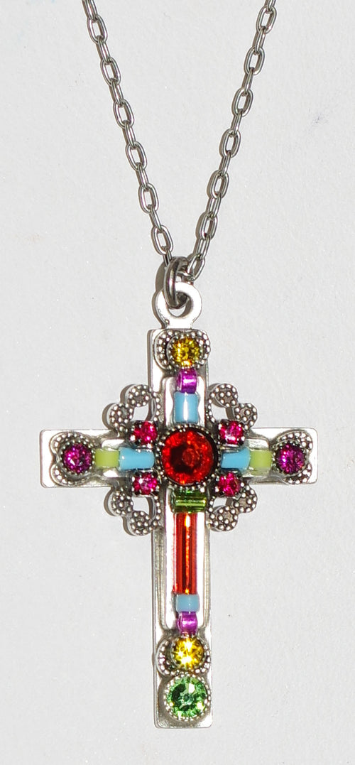 FIREFLY CROSS NECKLACE LARGE ORNATE 8795-MC: multi color stones in 1.25" cross, silver 18" adjustable chain