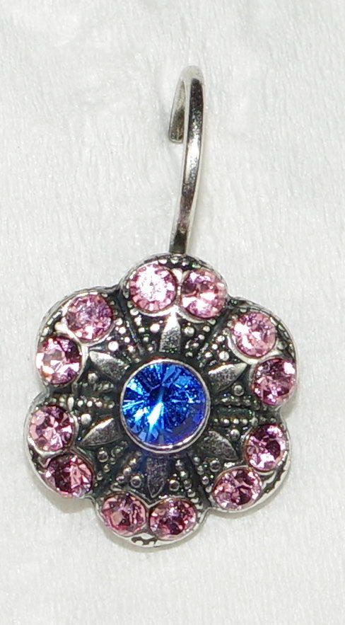 MARIANA EARRINGS KISS FROM A ROSE: pink, blue stones in 1/2" silver setting, lever back
