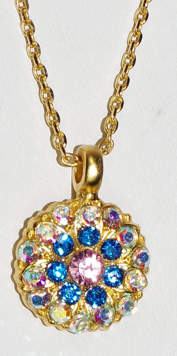 MARIANA ANGEL PENDANT KISS FROM A ROSE: blue, pink, a/b stones in yellow gold setting, 18" adjustable chain
