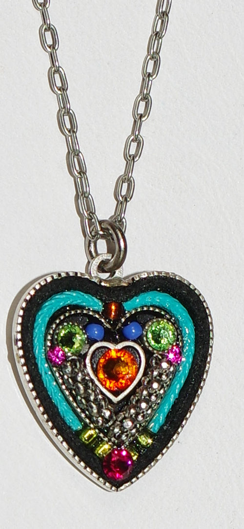 FIREFLY NECKLACE HEART WITHIN HEART MC: multi color stones in 5/8" heart, silver 18" adjustable chain