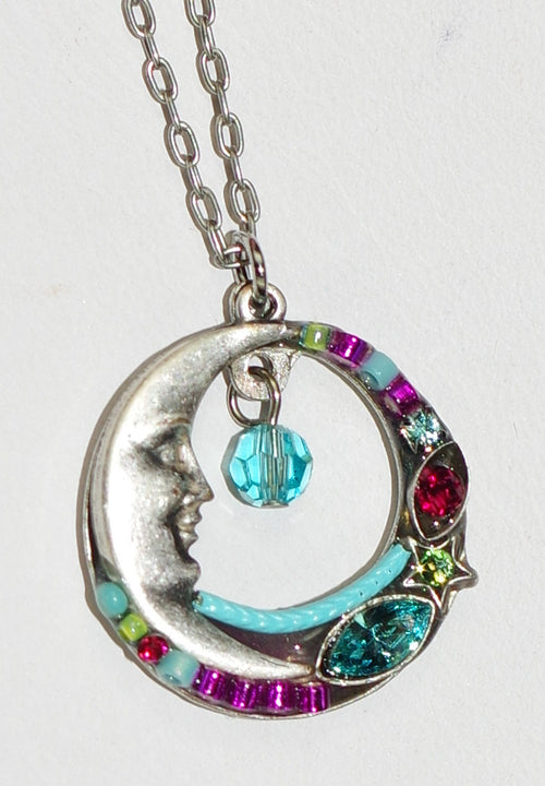 FIREFLY NECKLACE CELESTRIAL MOON: multi color stones in .75" pendant, silver 18" adjustable chain