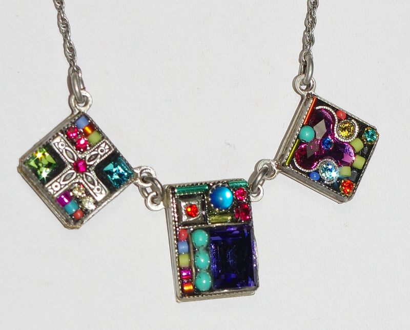 FIREFLY NECKLACE GEOMETIRC 3 SQUARE MC: multi color stones in 18" silver adjustable chain, center pendant = 1/2"