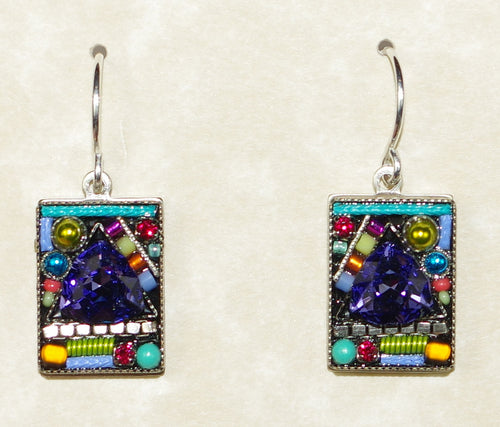 FIREFLY EARRINGS SQUARE GEOMETRIC LARGE MC: multi color stones in 1/2" silver setting, wire backs