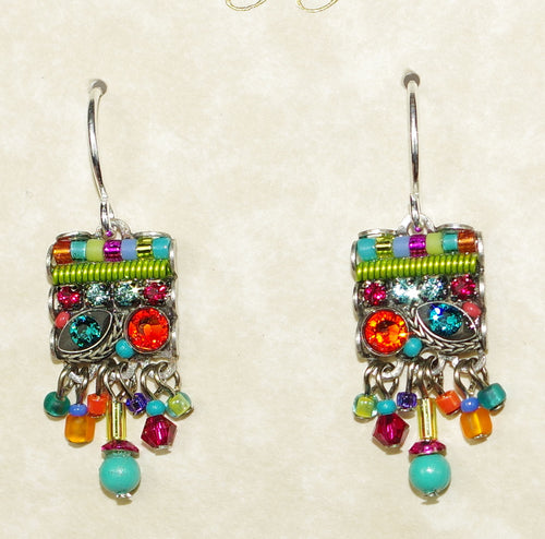 FIREFLY EARRINGS SQUARE DANGLES MC: multi color stones in 3/4" silver setting, wire backs