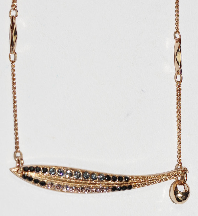 MARIANA PENDANT BLACK VELVET: black, pink stones in 2" rose gold setting, 18" adjustable double chain