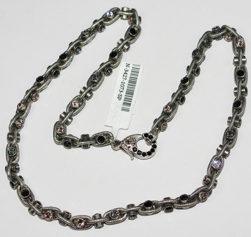 MARIANA NECKLACE BLACK VELVET: black, pink stones in silver setting, 18" adjustable chain