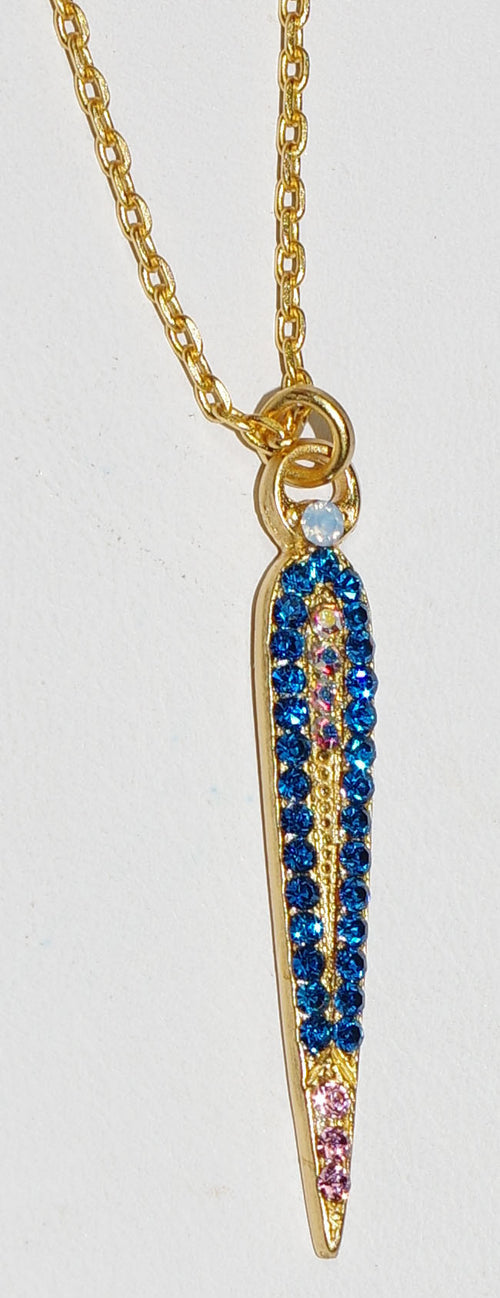 MARIANA PENDANT KISS FROM A ROSE: blue, pink stones in 1.5" yellow gold setting, 18" adjustable chain
