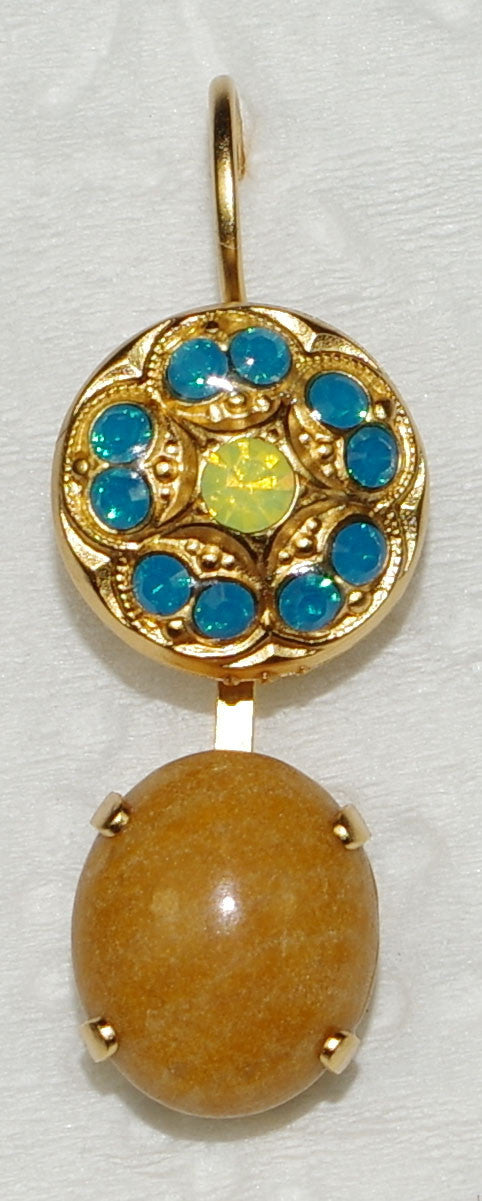 MARIANA EARRINGS KOKOMO: blue, green, tan mineral stones in 1" yellow gold setting, lever back