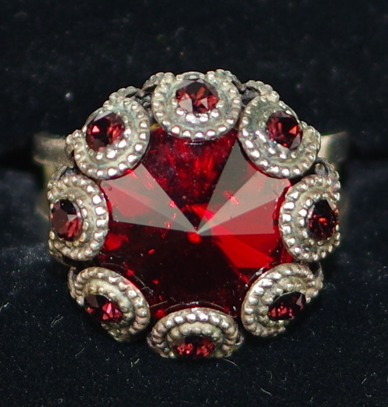 MARIANA RING LADY IN RED: red stones, 5/8" silver setting, adjustable band