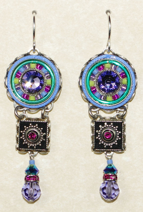 FIREFLY EARRINGS LA DOLCE VITA TIER TANZ: multi color stones in 1.75" silver setting, wire backs