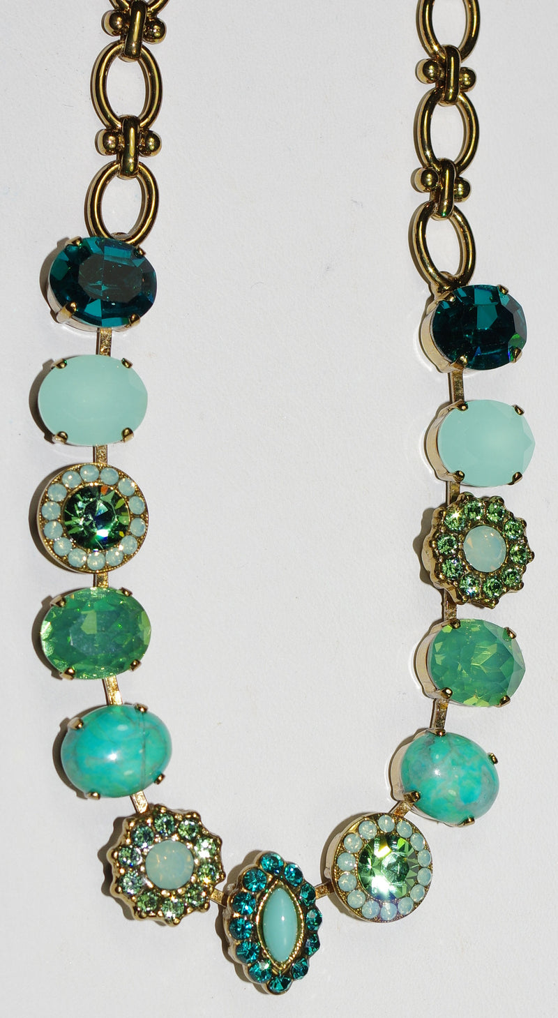 MARIANA NECKLACE CONGO: teal, pacific opal, blue stones in european gold setting, 20" adjustable chain
