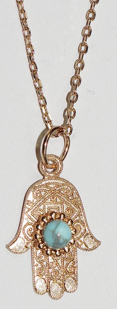 MARIANA PENDANT TURQ:  blue stones in 1" Hamsa charm, rose gold setting, 18" adjustable chain
