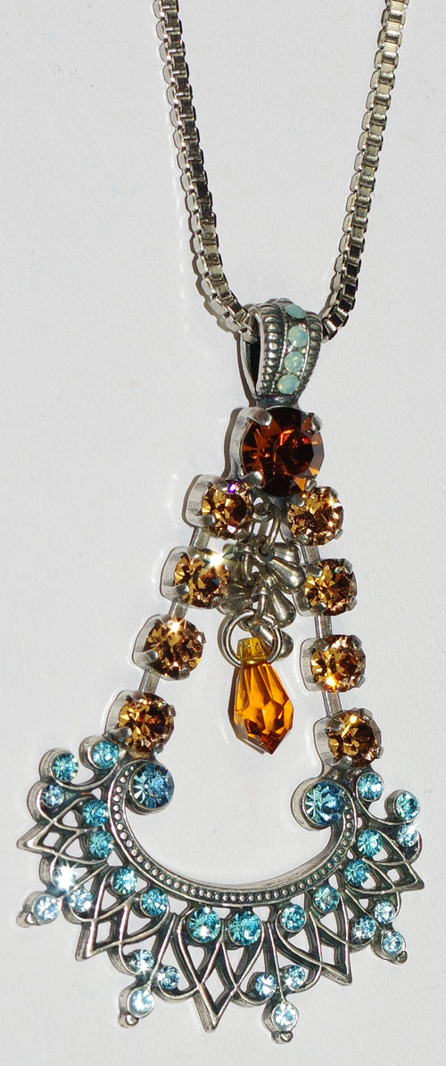 MARIANA PENDANT FORGET ME NOT: amber, blue, brown stones in 2.75" silver setting, 32" adjustable chain