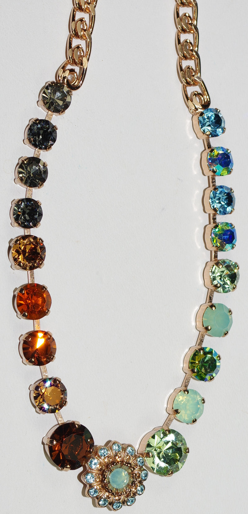 MARIANA NECKLACE FORGET ME NOT: amber, brown, blue, purple, green stones in rose gold setting, 18" adjustable chain