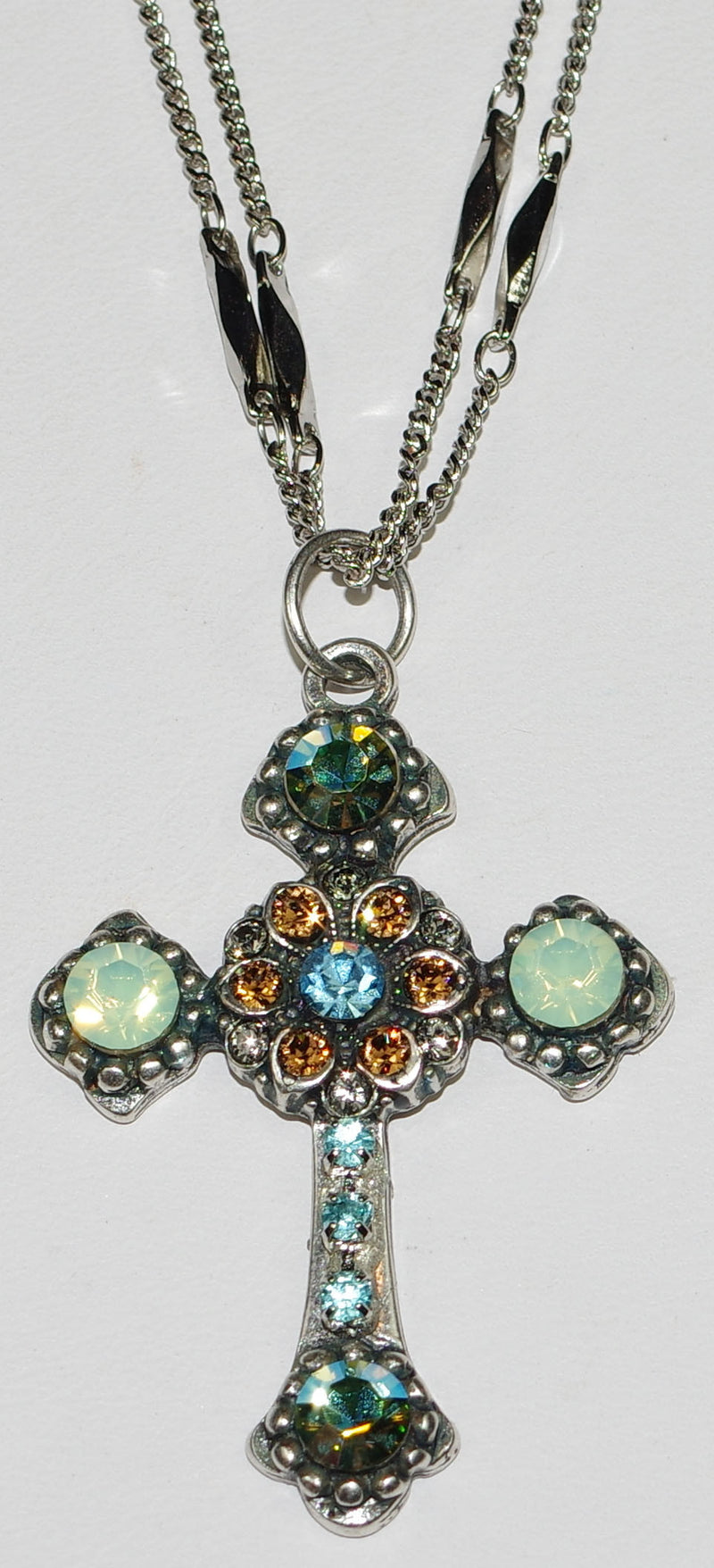 MARIANA CROSS PENDANT FORGET ME NOT: green, amber, blue, a/b stones in silver setting, 18" double chain