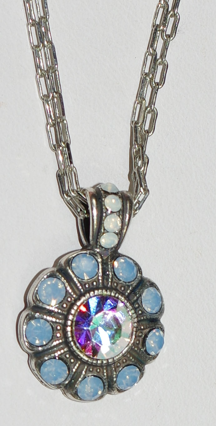 MARIANA PENDANT COSMO: pink a/b, blue, white stones in 3/4" silver setting, 18" adjustable double chain