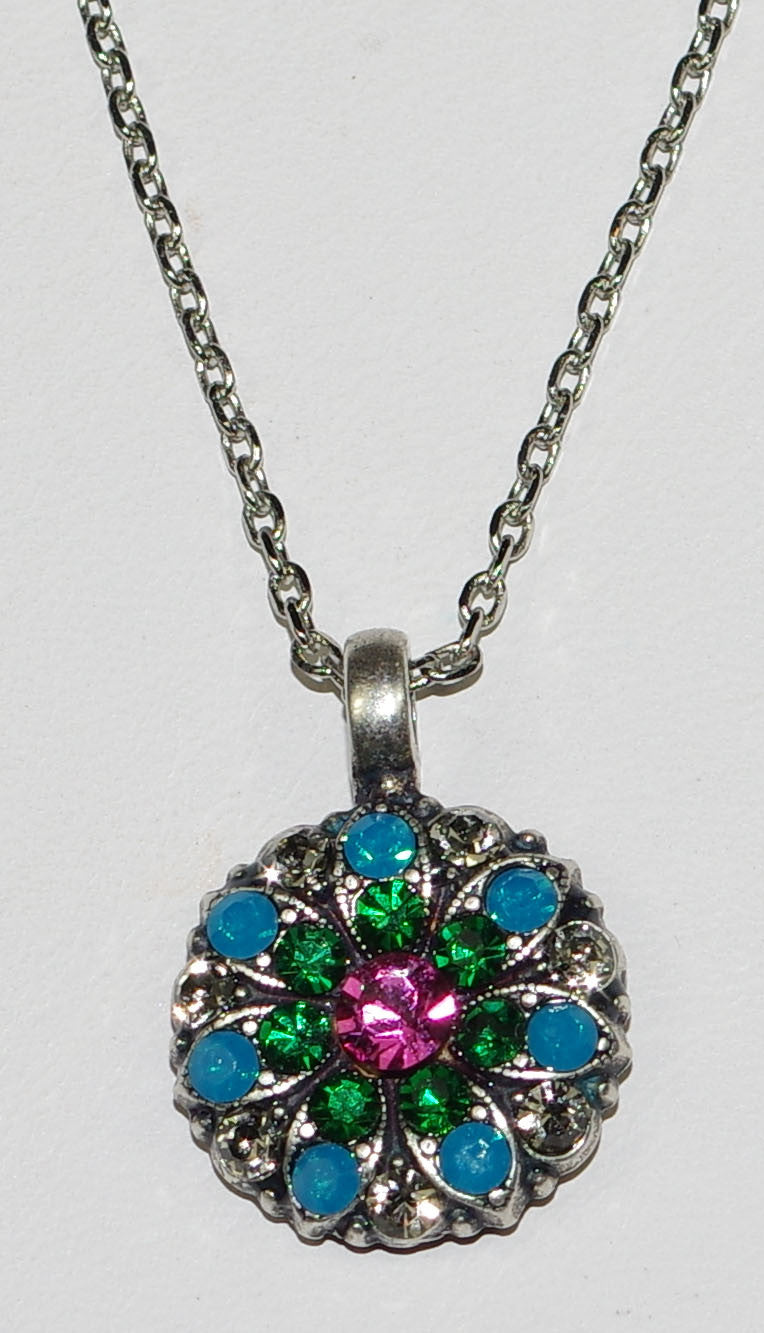 MARIANA ANGEL PENDANT SELENE: blue, green, grey, pink stones in silver setting, 18" adjustable chain