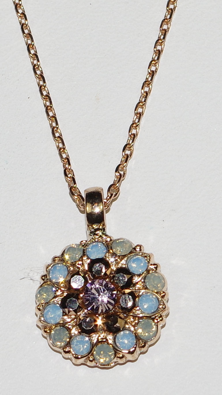 MARIANA ANGEL PENDANT RHAPSODE: blue, gold, pink stones in rose gold setting, 18" adjustable chain