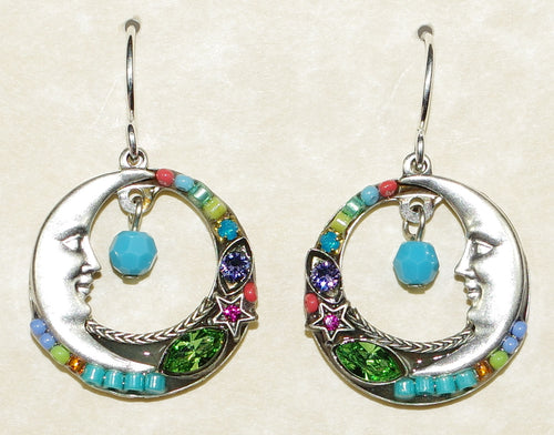 FIREFLY EARRINGS CELESTIAL MOON MC: multi color stones in 3/4" silver setting, wire backs