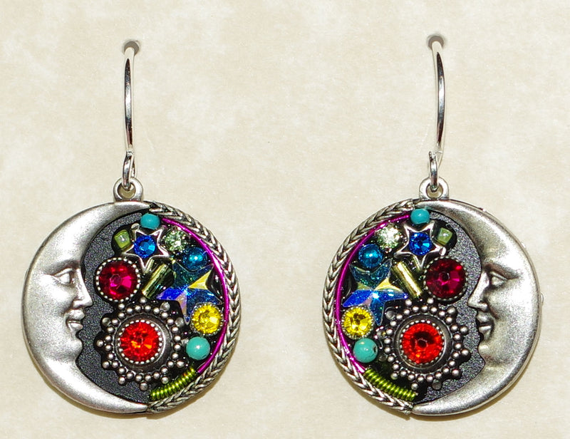 FIREFLY EARRINGS MIDNIGHT MOON MC: multi color stones in 3/4" silver setting, wire backs